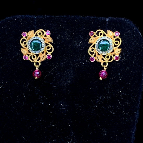 NJ Arts Gold-Plated Ethnic Stud Earrings with Green Center Stone Yellow Gold 18kt Stud Earring