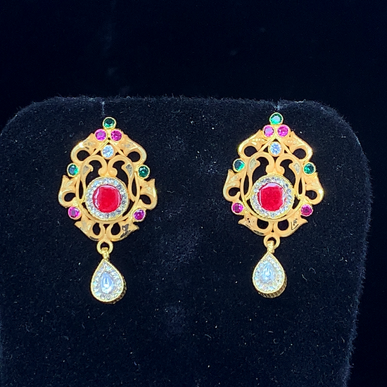 NJ Arts Gold-Plated Traditional Floral Stud Earrings with Red Kempu Stone Yellow Gold 18kt Stud Earring