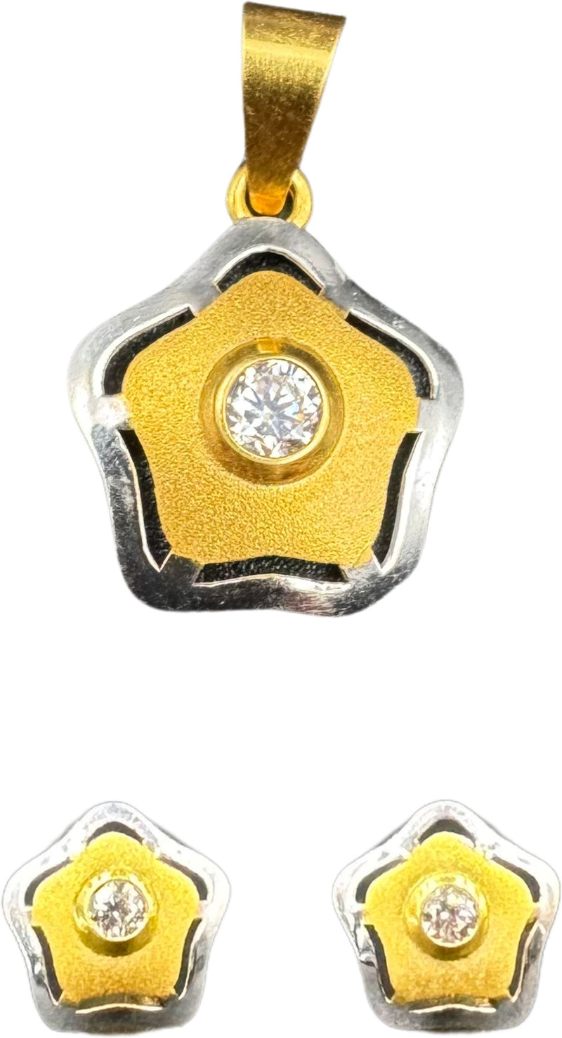 NJ Arts Yellow Gold 24ct real gold Star Blossom Gold Pendant & Earrings Set 22kt Swarovski Earring & Pendant Set