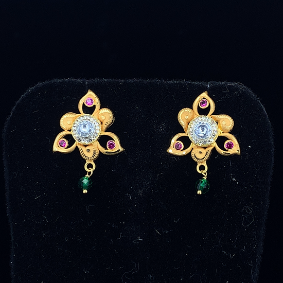 NJ Arts Gold-Plated Floral Stud Earrings with AD/CZ Center Stone Yellow Gold 18kt Stud Earring