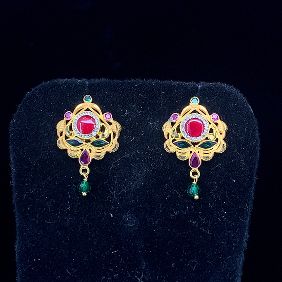 NJ Arts Gold-Plated Traditional Floral Stud Earrings with Red Stone Yellow Gold 18kt Stud Earring