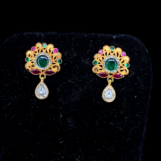 NJ Arts Antique Gold Finish Ethnic Stud Earrings with Green Center Stone Yellow Gold 18kt Stud Earring