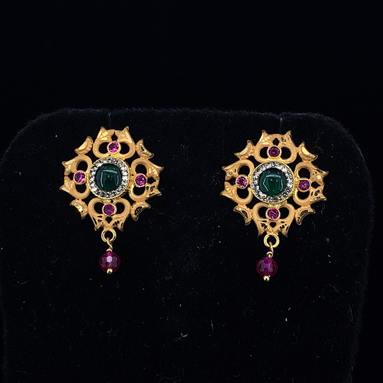 NJ Arts Antique Gold Finish Ethnic Stud Earrings with Green Center Stone Yellow Gold 18kt Stud Earring