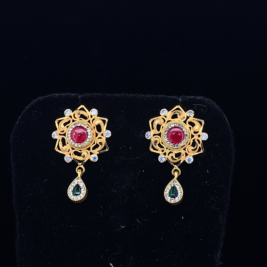 NJ Arts Gold Plated Ethnic Floral Stud Earrings with Red Stone Center Yellow Gold 18kt Stud Earring